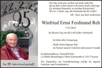 Traueranzeige von Winfried Ernst Ferdinand Reh von HNA