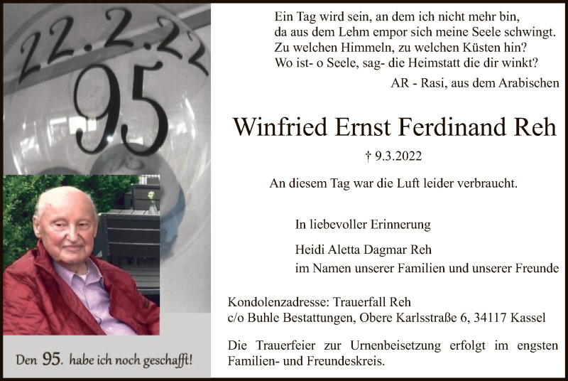  Traueranzeige für Winfried Ernst Ferdinand Reh vom 02.04.2022 aus HNA