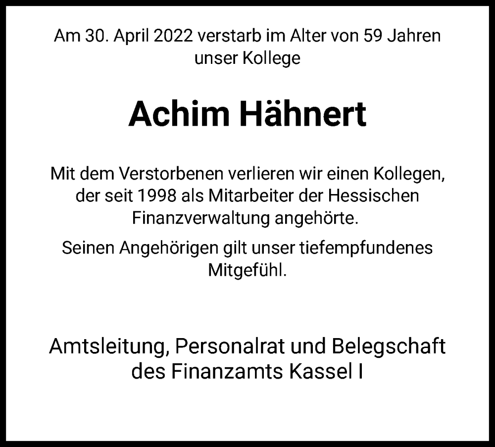  Traueranzeige für Achim Hähnert vom 16.05.2022 aus HNA
