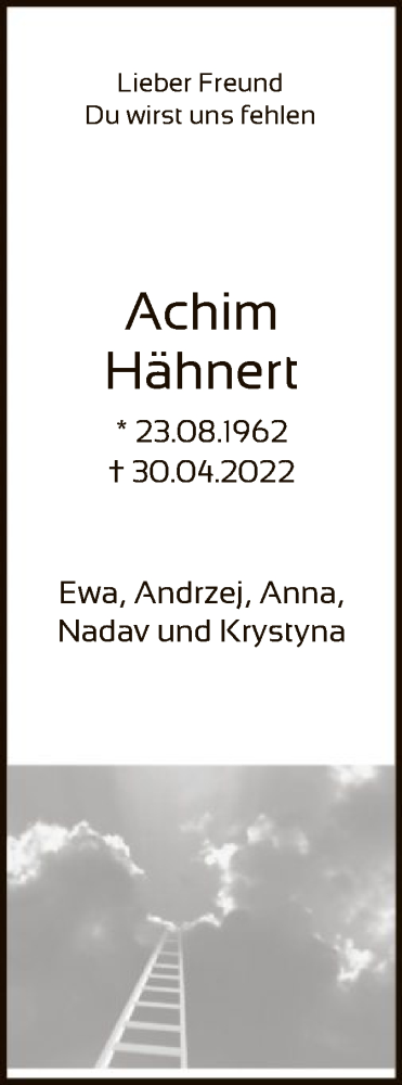  Traueranzeige für Achim Hähnert vom 17.05.2022 aus HNA