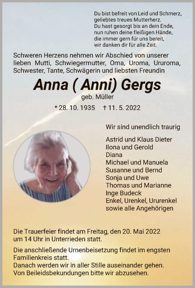  Traueranzeige für Anna Gergs vom 14.05.2022 aus HNA