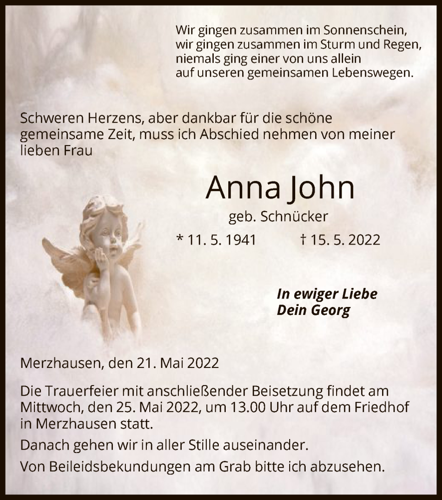  Traueranzeige für Anna John vom 21.05.2022 aus HNA