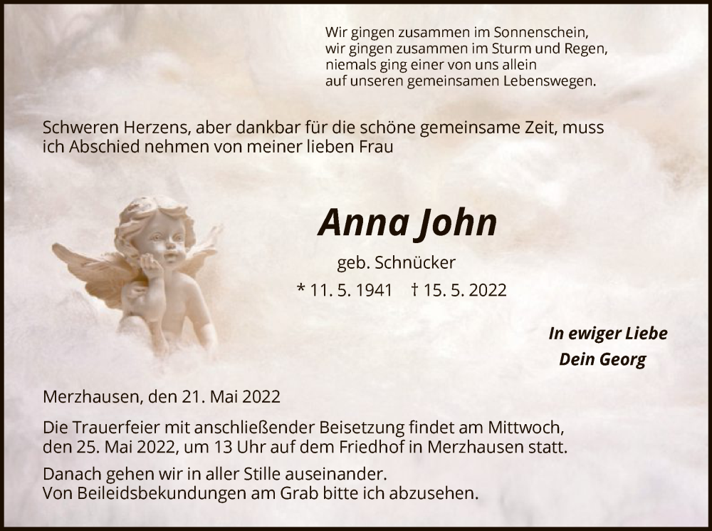  Traueranzeige für Anna John vom 21.05.2022 aus HNA