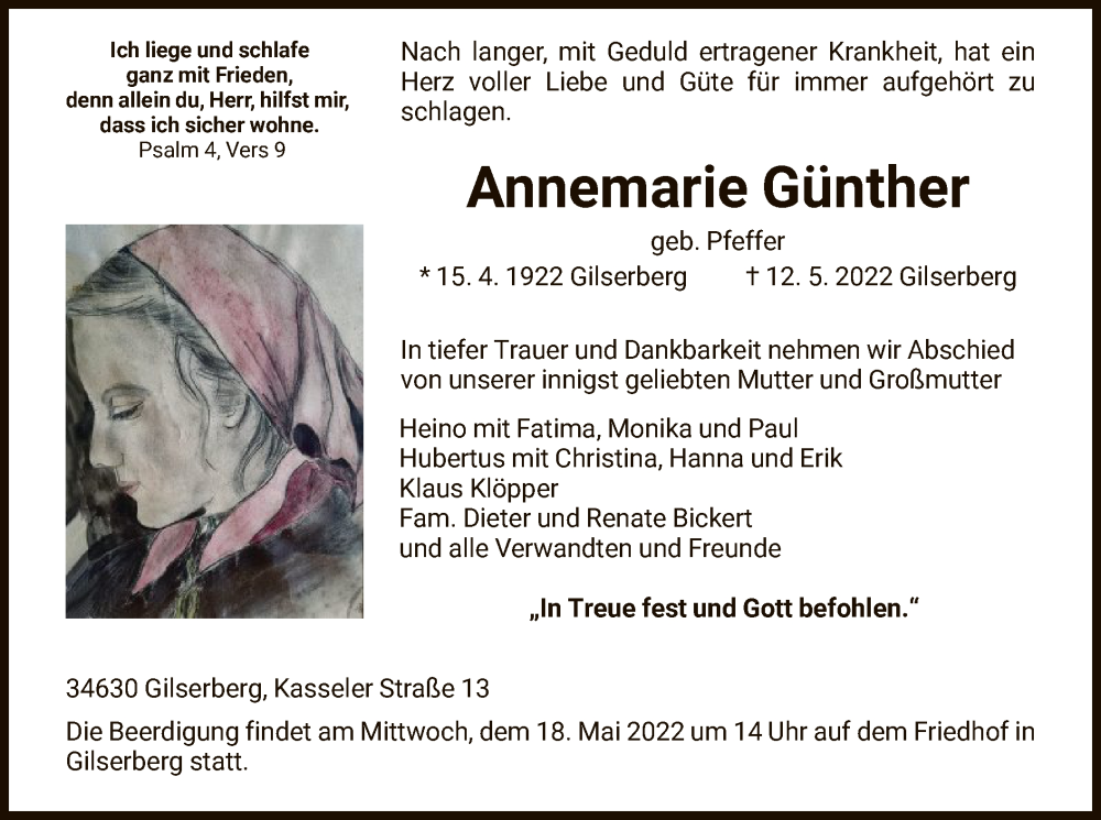  Traueranzeige für Annemarie Günther vom 14.05.2022 aus HNA