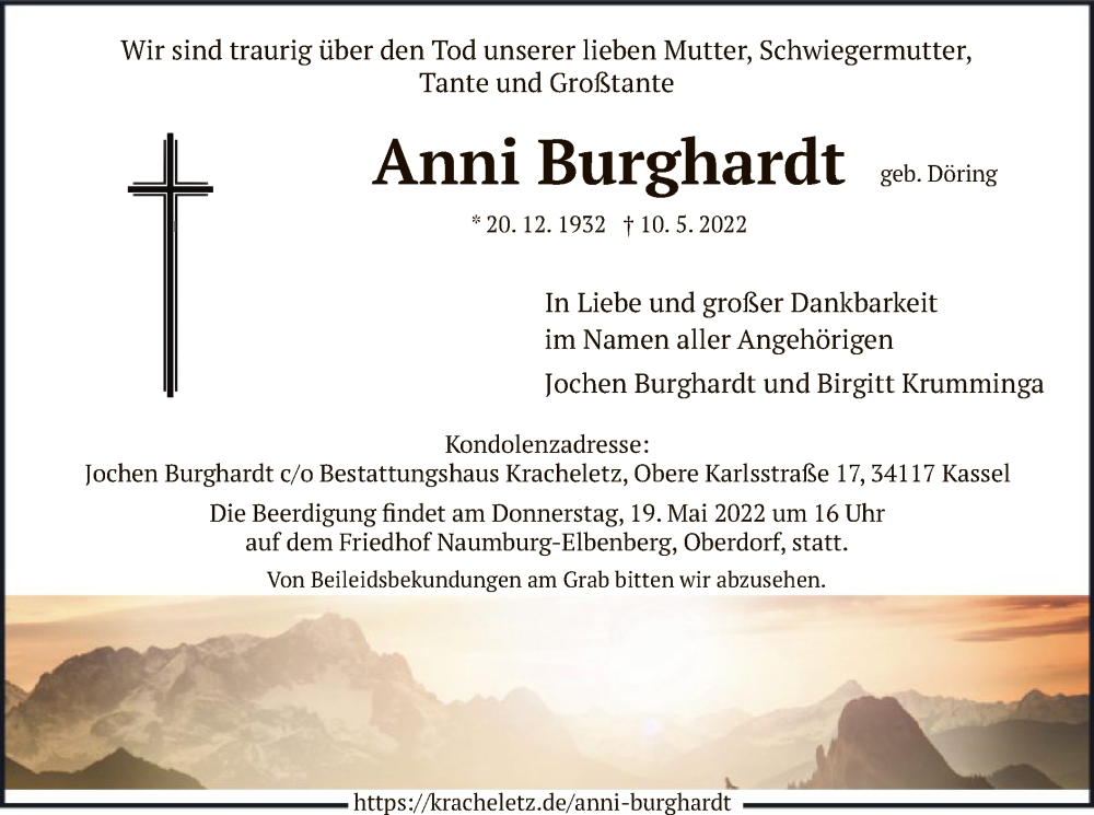  Traueranzeige für Anni Burghardt vom 14.05.2022 aus HNA