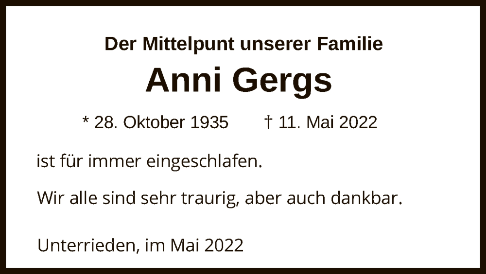  Traueranzeige für Anni Gergs vom 14.05.2022 aus HNA