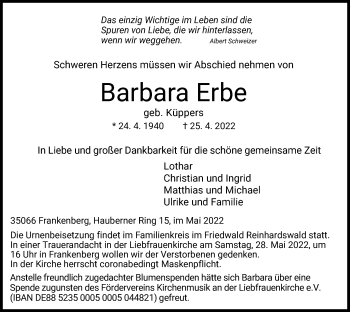 Traueranzeige von Barbara Erbe von HNA