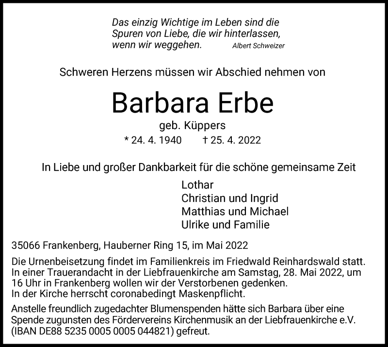  Traueranzeige für Barbara Erbe vom 03.05.2022 aus HNA