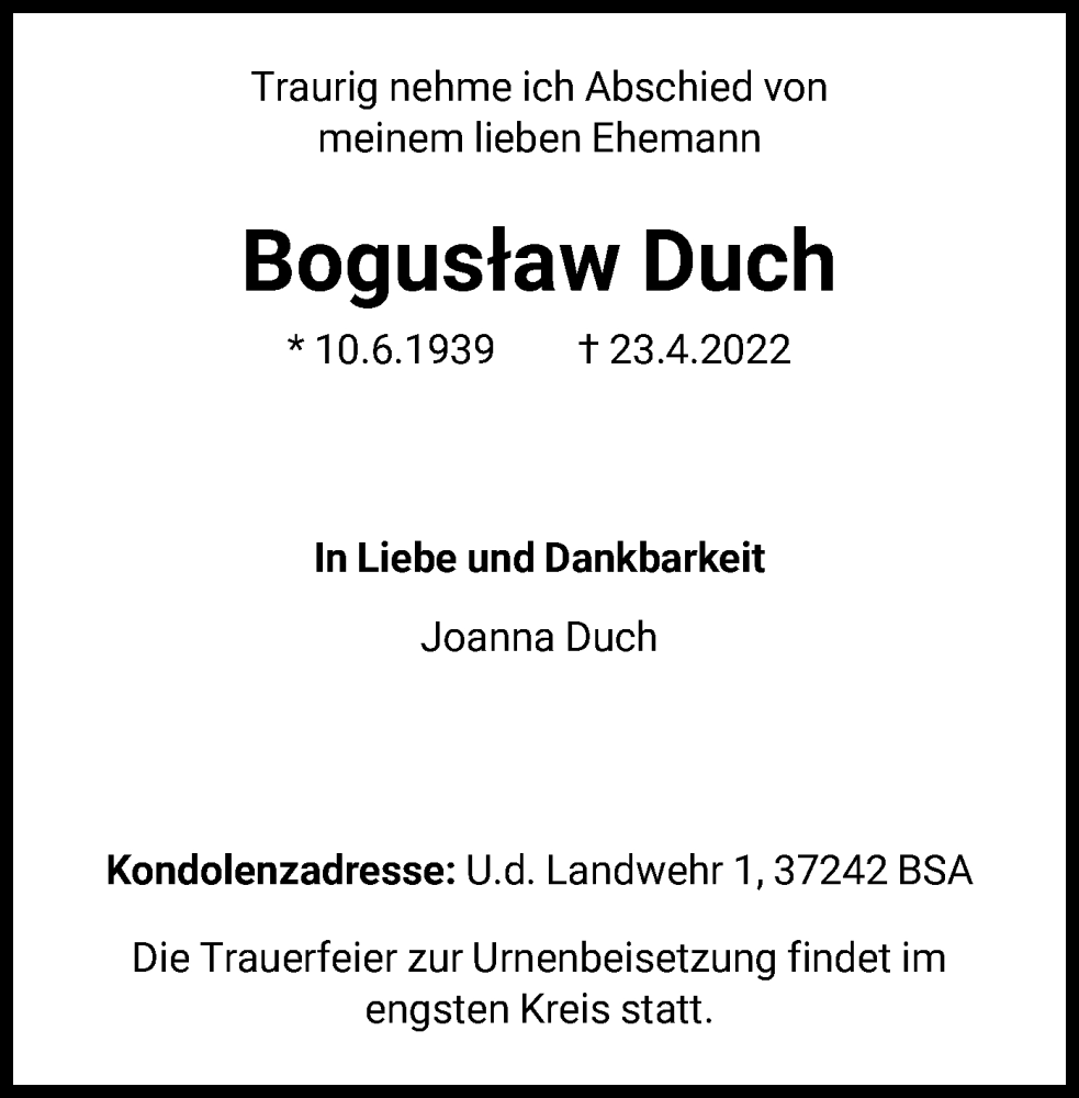 Traueranzeigen Von Boguslaw Duch | Trauer.HNA.de