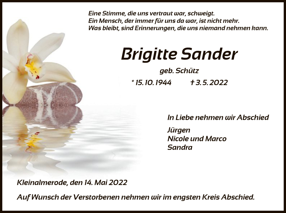  Traueranzeige für Brigitte Sander vom 14.05.2022 aus HNA