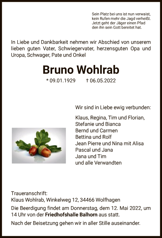 Traueranzeige von Bruno Wohlrab von HNA