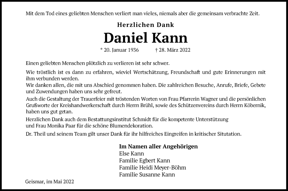  Traueranzeige für Daniel Kann vom 21.05.2022 aus HNA