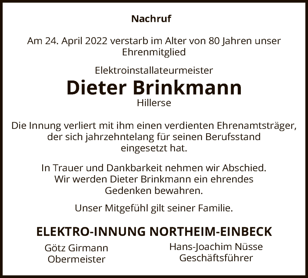  Traueranzeige für Dieter Brinkmann vom 18.05.2022 aus HNA
