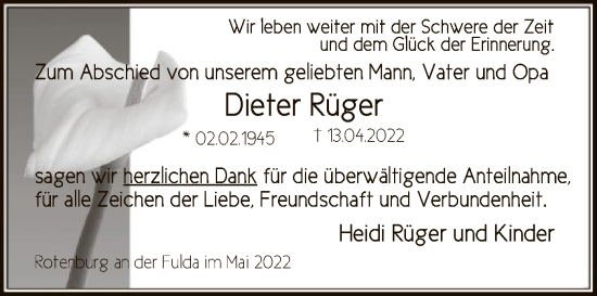 Traueranzeige von Dieter Rüger von HNA