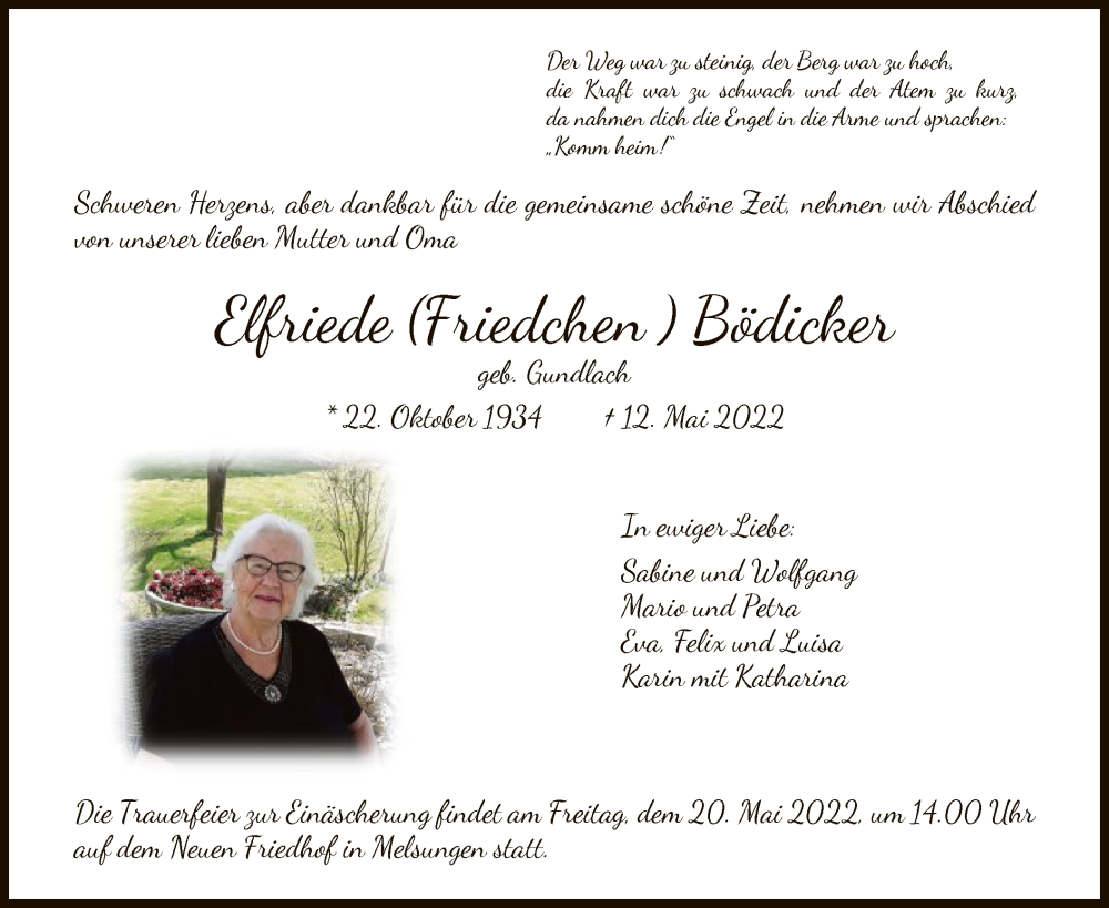  Traueranzeige für Elfriede Bödicker vom 14.05.2022 aus HNA