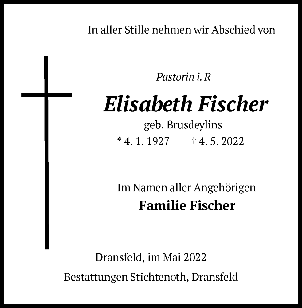  Traueranzeige für Elisabeth Fischer vom 14.05.2022 aus HNA