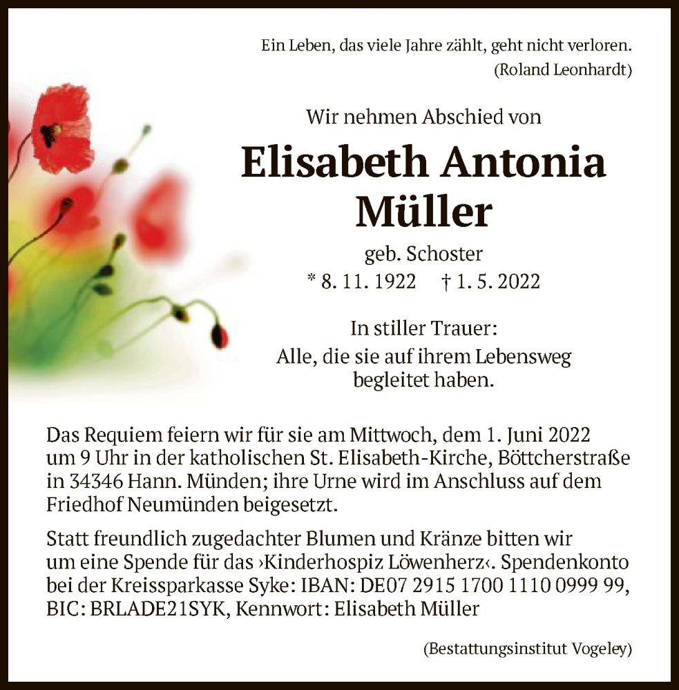  Traueranzeige für Elisabeth Antonia Müller vom 21.05.2022 aus HNA