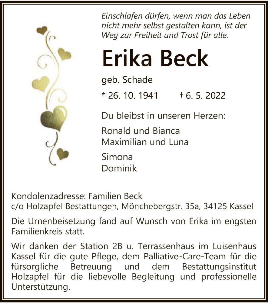 Traueranzeige für Erika Beck vom 27.05.2022 aus HNA