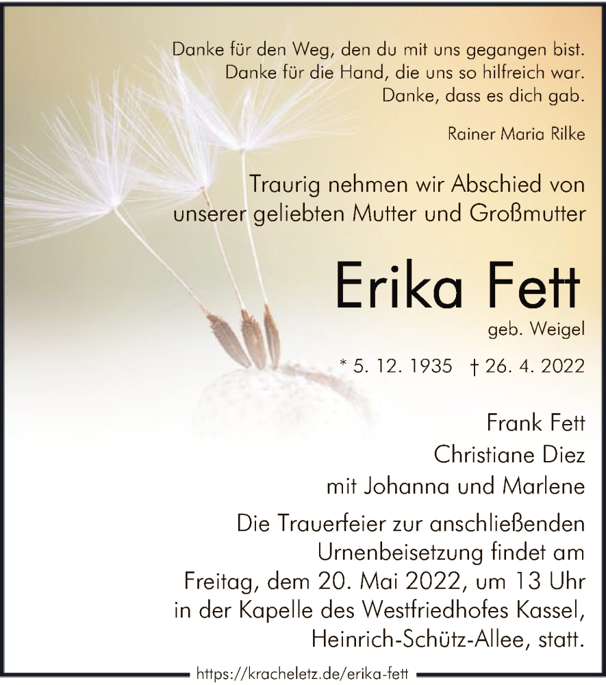  Traueranzeige für Erika Fett vom 14.05.2022 aus HNA