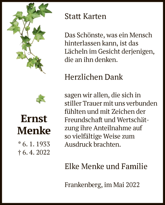 Traueranzeige von Ernst Menke von HNA