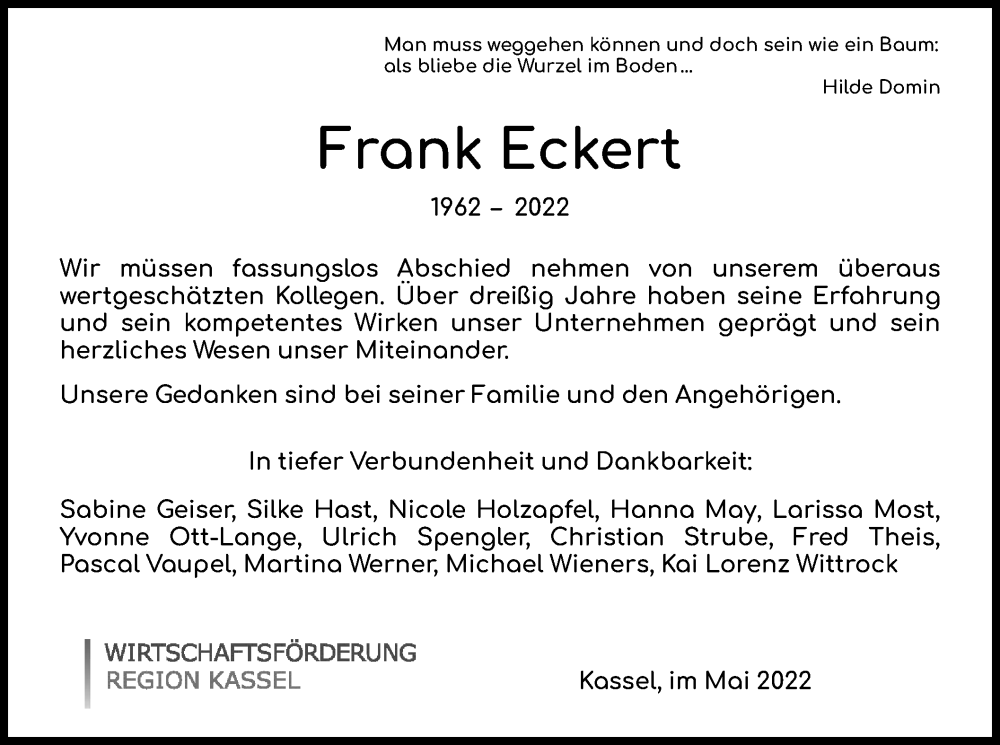  Traueranzeige für Frank Eckert vom 21.05.2022 aus HNA