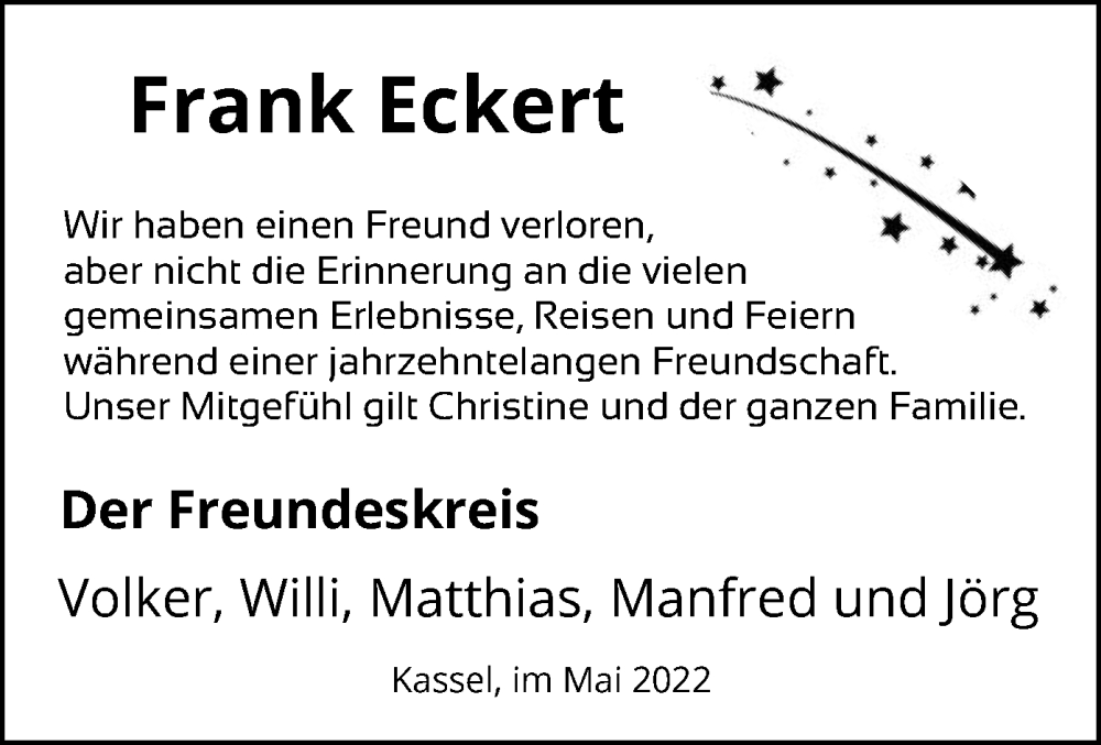  Traueranzeige für Frank Eckert vom 21.05.2022 aus HNA