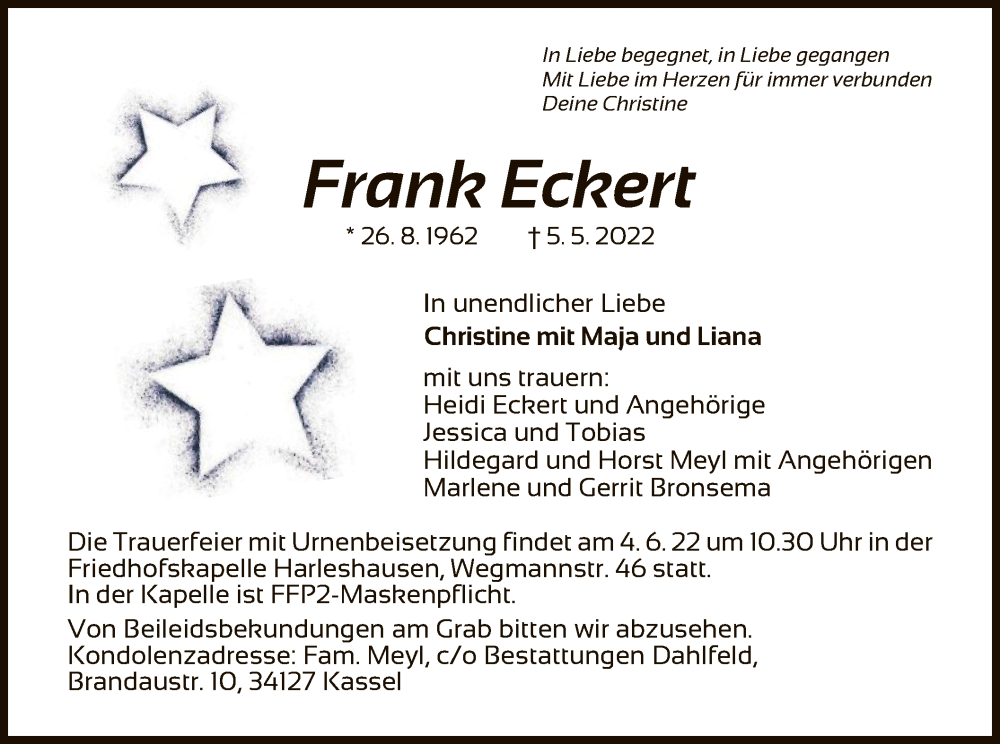  Traueranzeige für Frank Eckert vom 21.05.2022 aus HNA