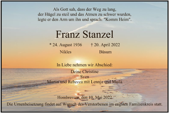 Traueranzeige von Franz Stanzel von HNA