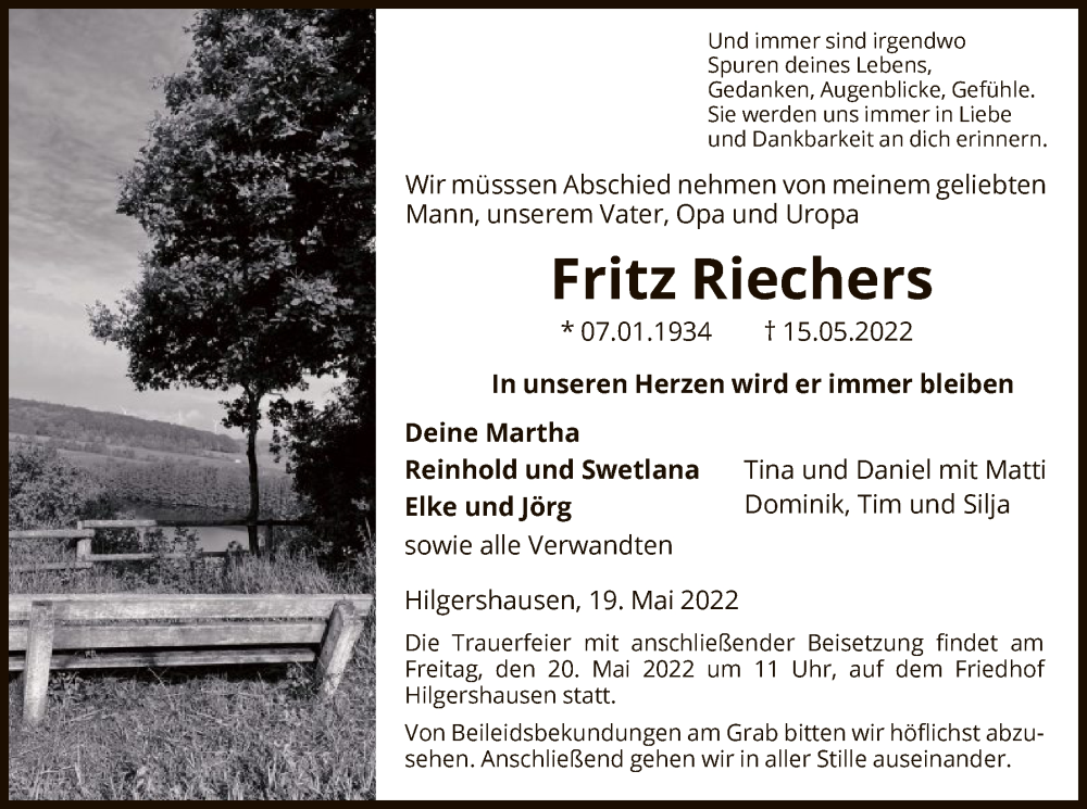  Traueranzeige für Fritz Riechers vom 19.05.2022 aus HNA