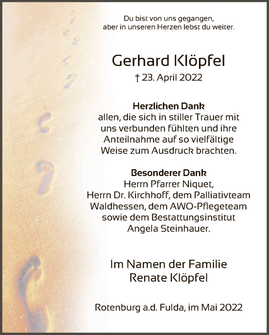 Traueranzeige von Gerhard Klöpfel von HNA