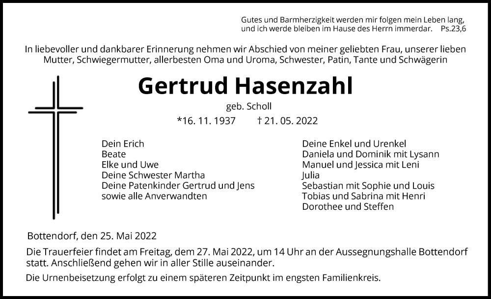  Traueranzeige für Gertrud Hasenzahl vom 25.05.2022 aus HNA