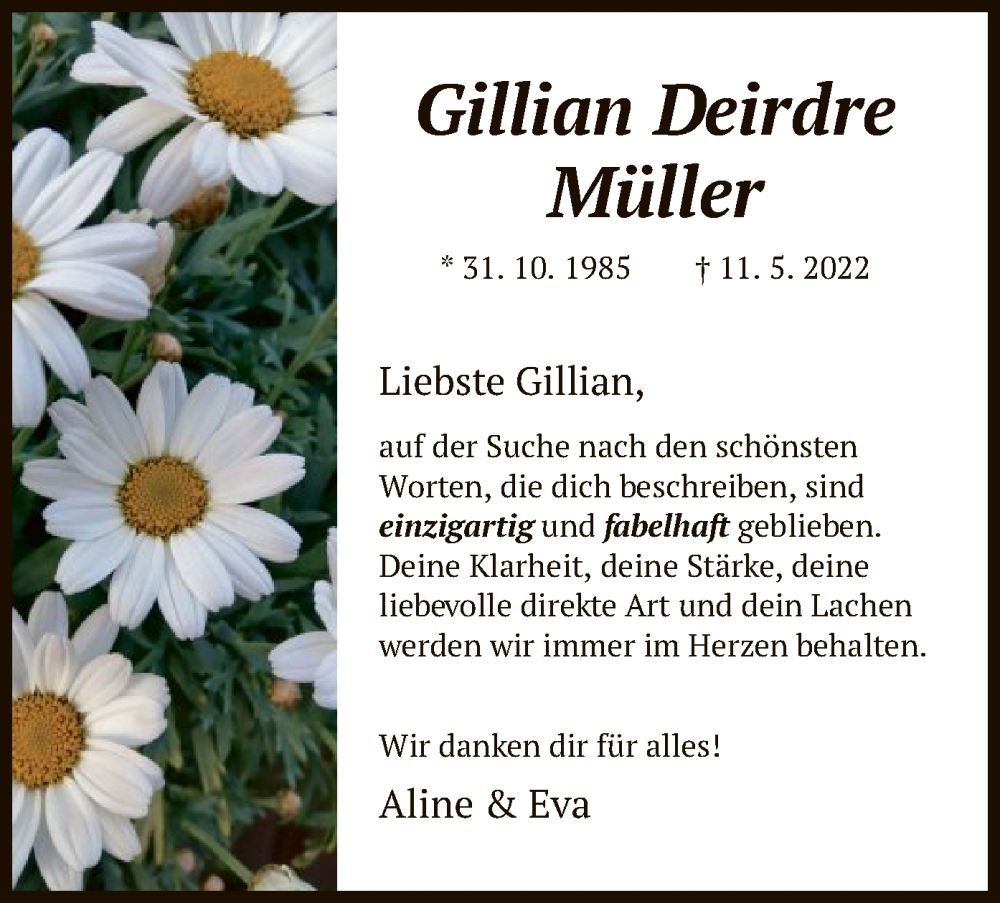  Traueranzeige für Gillian Deirdre Müller vom 28.05.2022 aus HNA