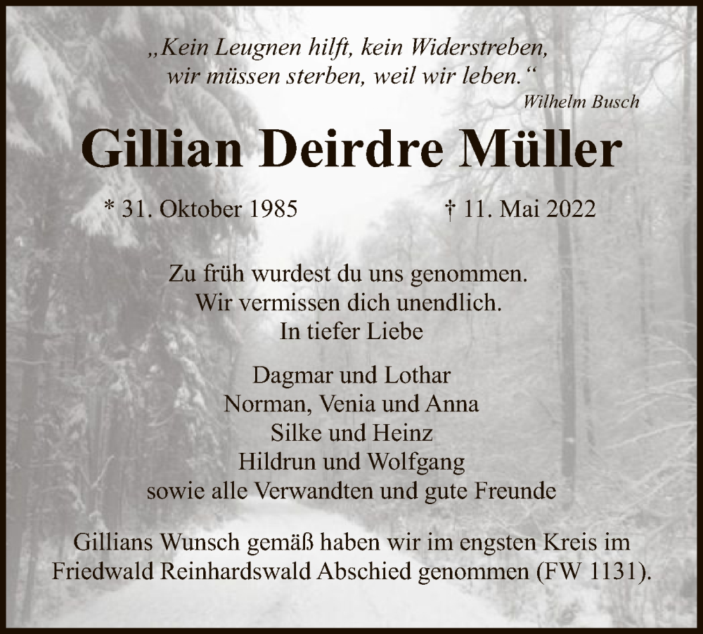  Traueranzeige für Gillian Deirdre Müller vom 28.05.2022 aus HNA