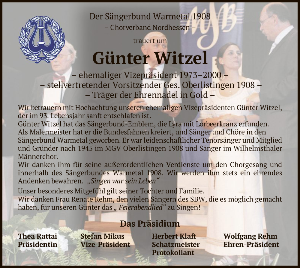  Traueranzeige für Günter Witzel vom 28.05.2022 aus HNA
