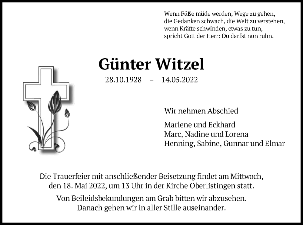  Traueranzeige für Günter Witzel vom 17.05.2022 aus HNA