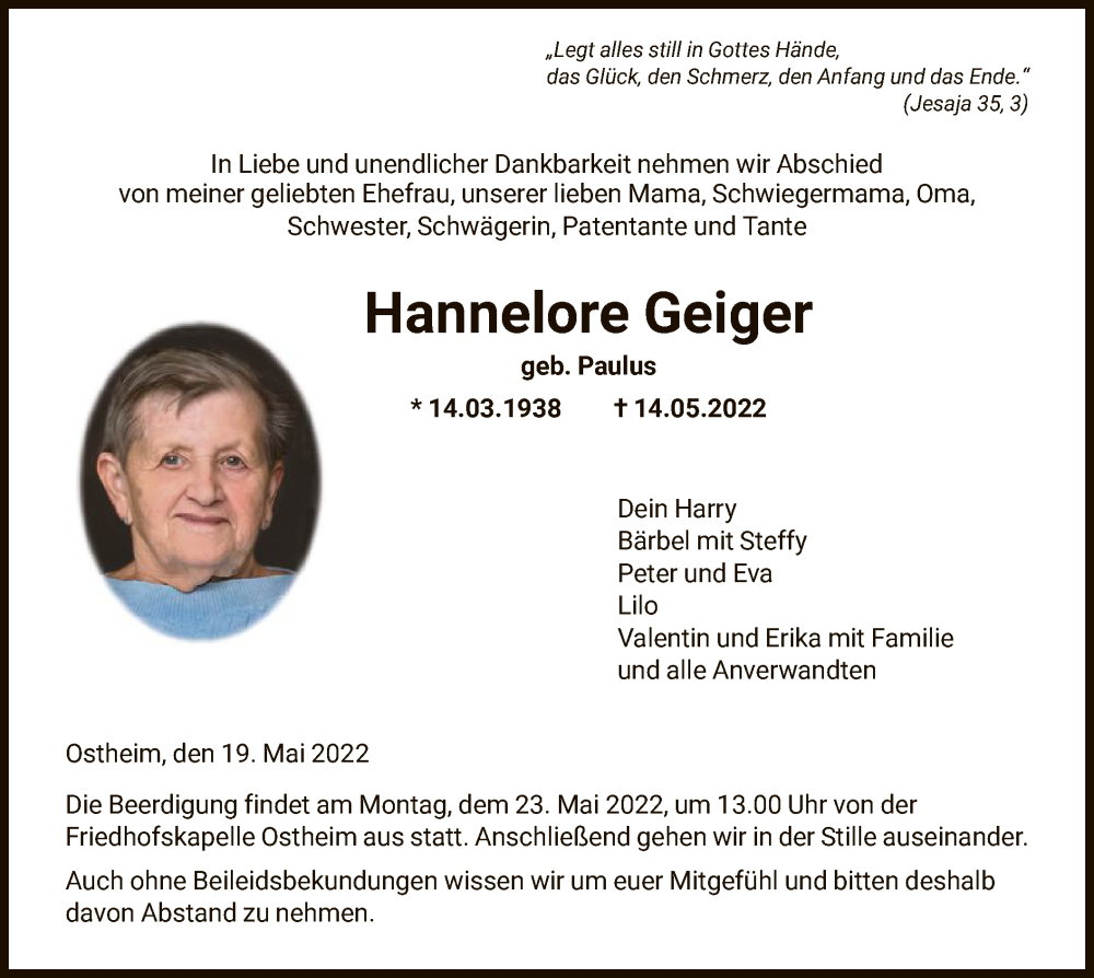 Traueranzeigen von Hannelore Geiger | Trauer.HNA.de
