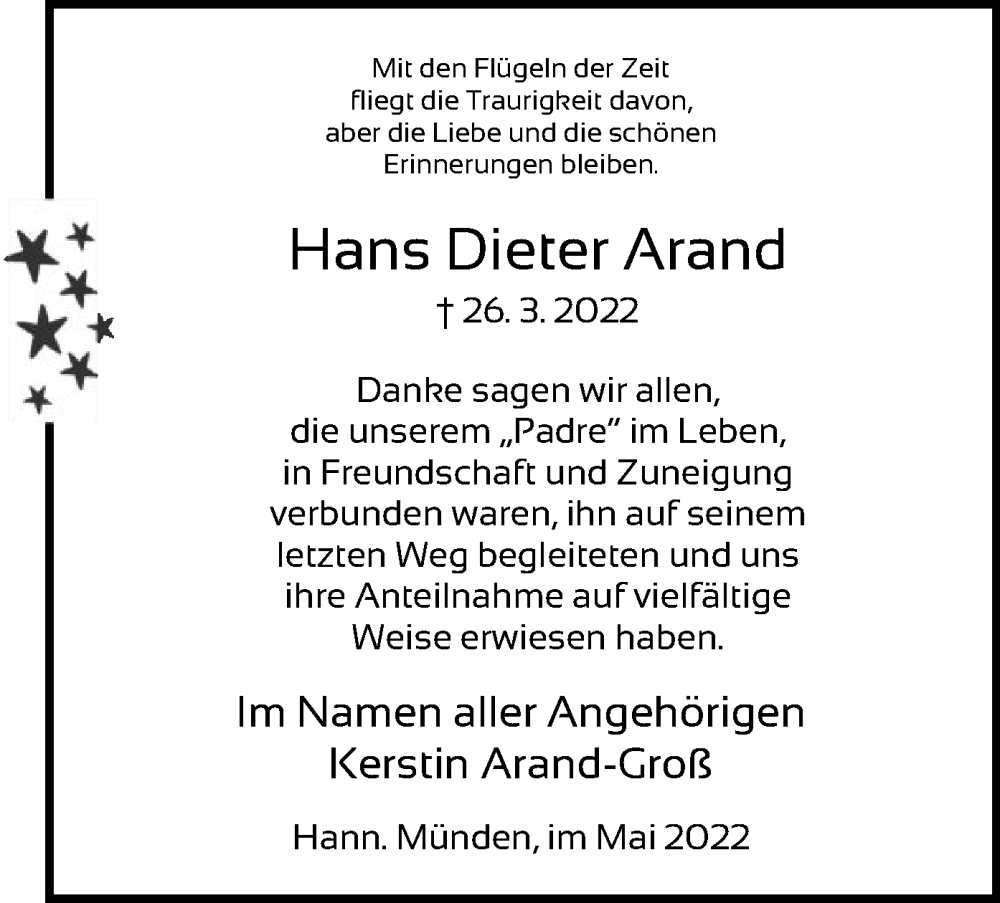  Traueranzeige für Hans Dieter Arand vom 14.05.2022 aus HNA
