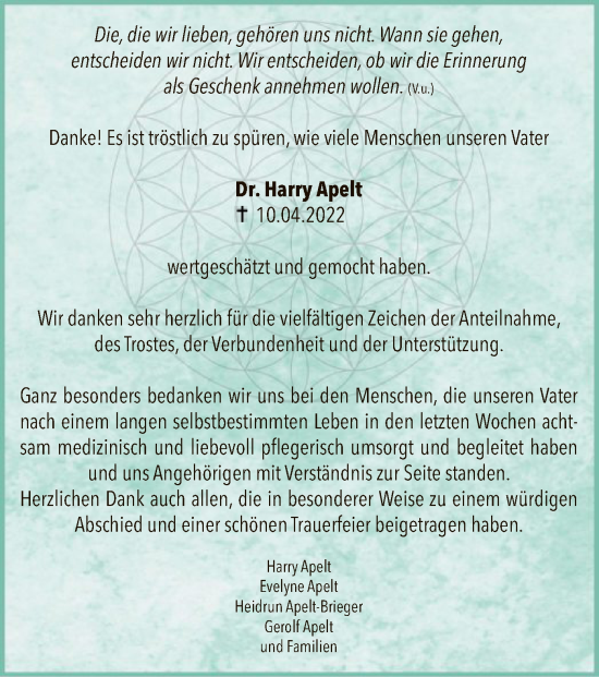 Traueranzeige von Harry Apelt von HNA