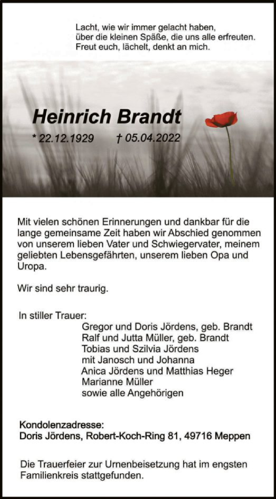  Traueranzeige für Heinrich Brandt vom 14.05.2022 aus HNA