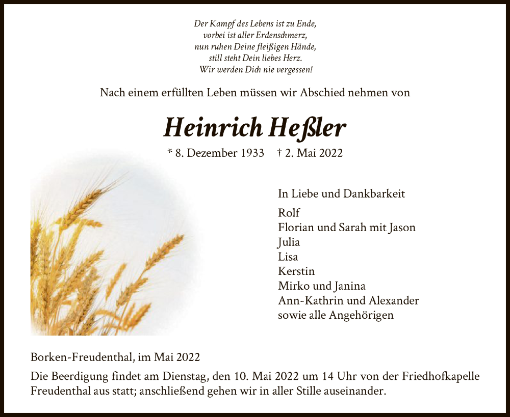  Traueranzeige für Heinrich Heßler vom 07.05.2022 aus HNA
