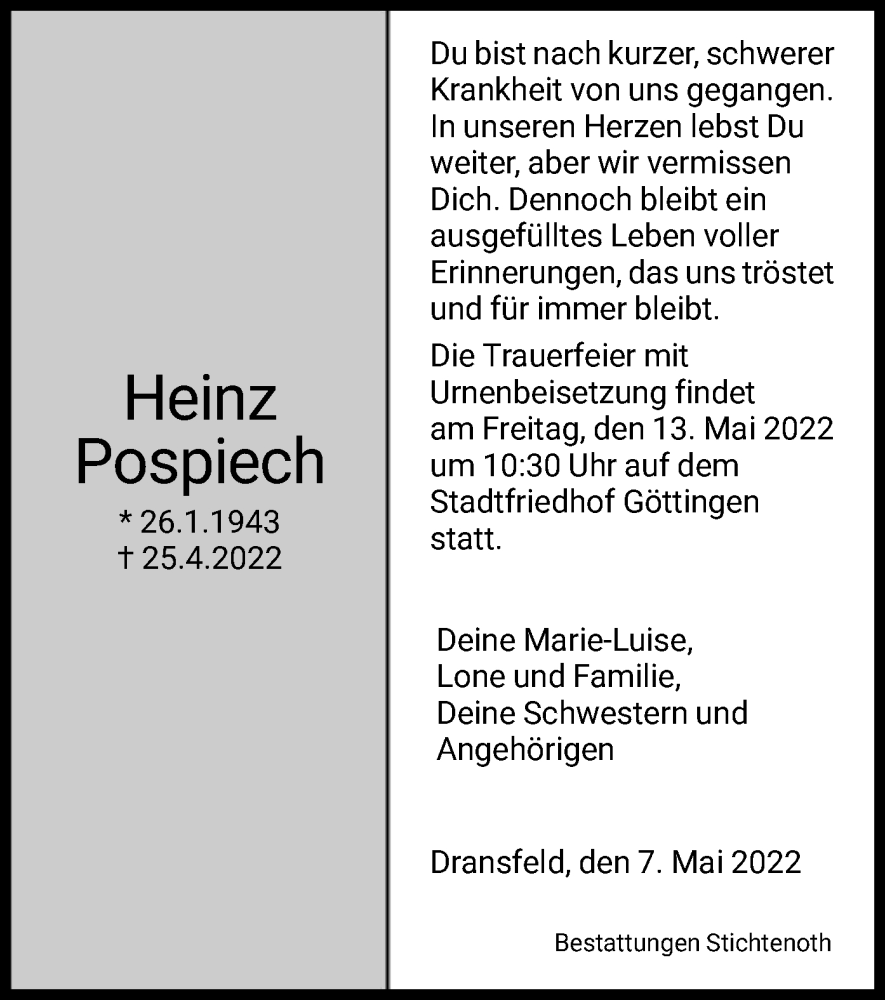  Traueranzeige für Heinz Pospiech vom 07.05.2022 aus HNA