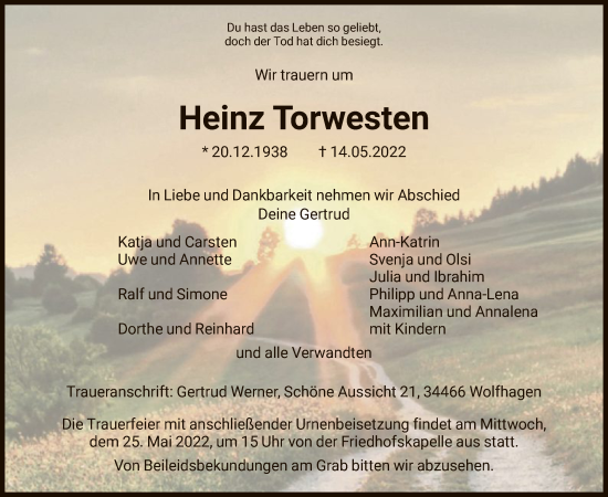 Traueranzeige von Heinz Torwesten von HNA
