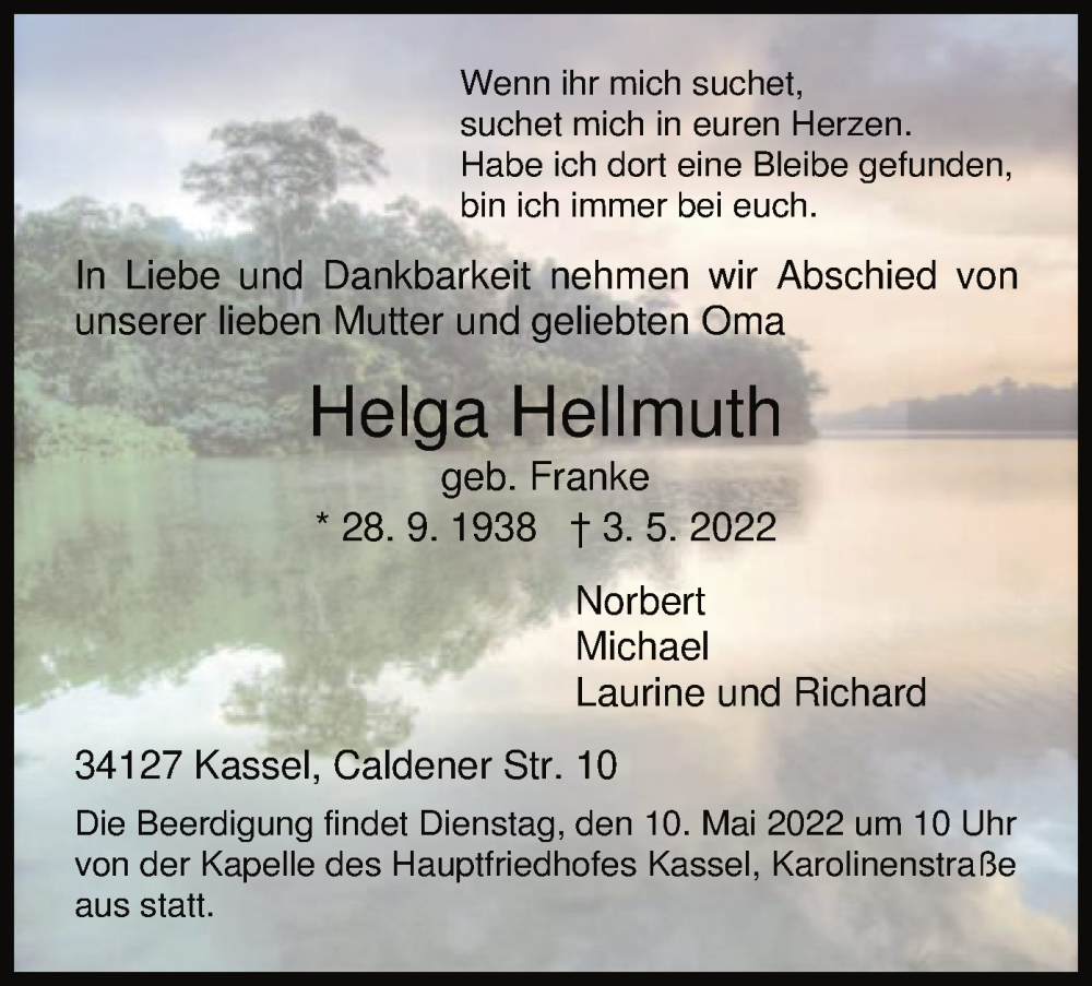  Traueranzeige für Helga Hellmuth vom 07.05.2022 aus HNA