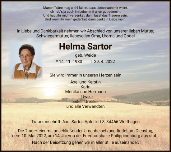 Traueranzeige von Helma Sartor von HNA