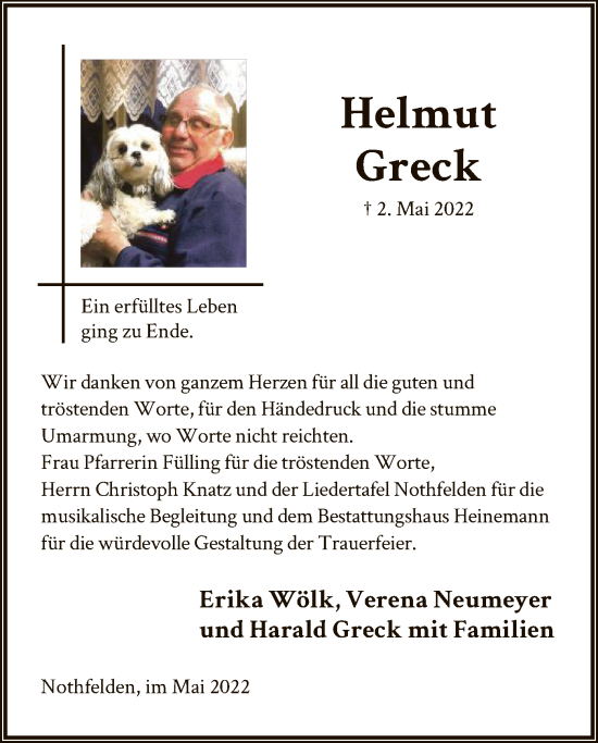 Traueranzeige von Helmut Greck von HNA