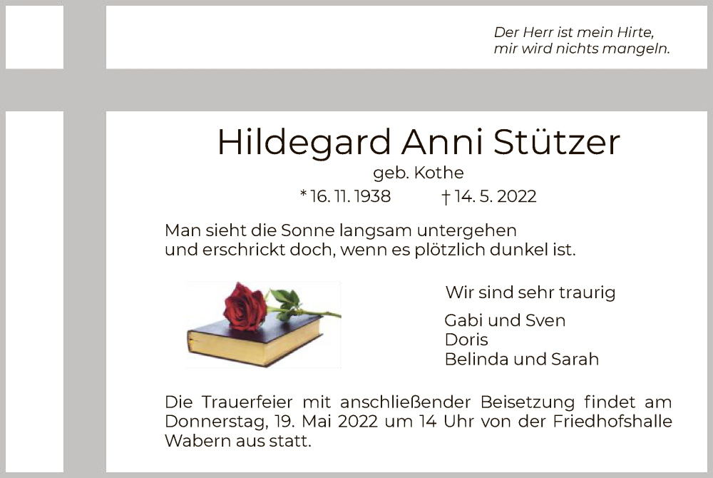  Traueranzeige für Hildegard Anni Stützer vom 17.05.2022 aus HNA