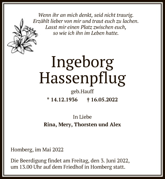 Traueranzeige von Ingeborg Hassenpflug von HNA