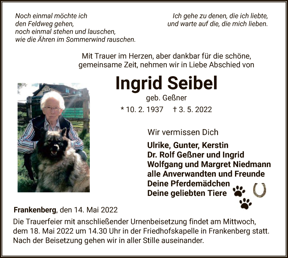  Traueranzeige für Ingrid Seibel vom 14.05.2022 aus HNA