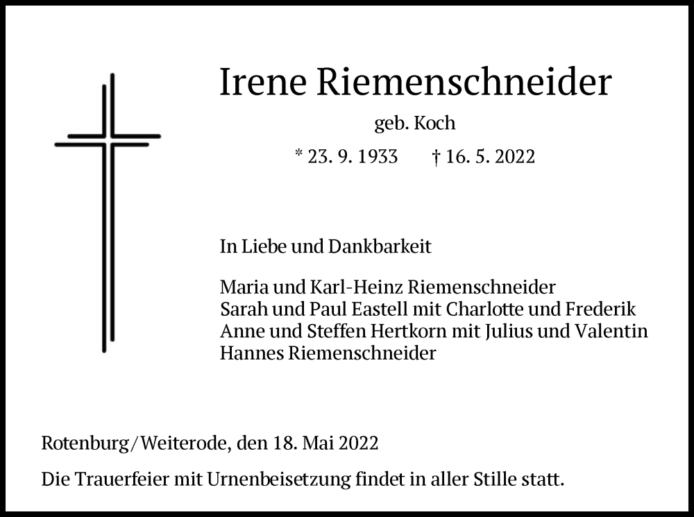  Traueranzeige für Irene Riemenschneider vom 18.05.2022 aus HNA