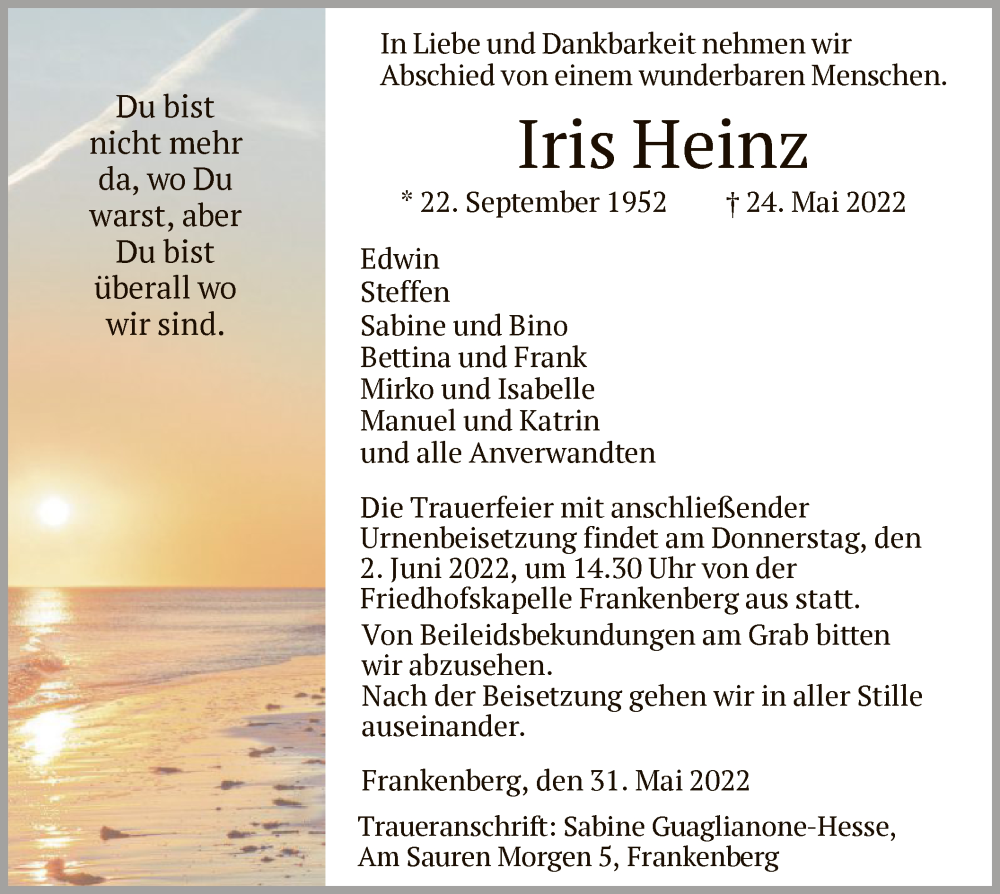  Traueranzeige für Iris Heinz vom 31.05.2022 aus HNA